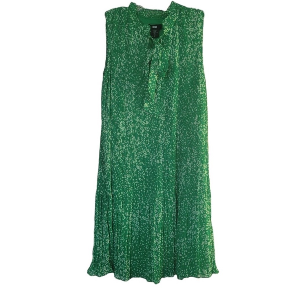 NWOT DKNY Tie-Neck Pleated Sleeveless Shift Dress Green Floral Size 10